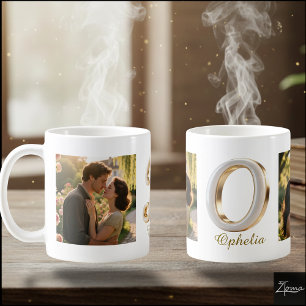 Luxuriöse Kursiv Gold Weiße Initiale O + 2 FOTO Kaffeetasse