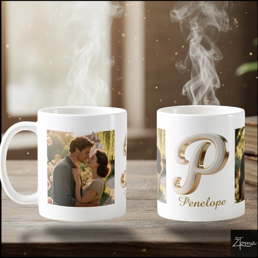 Luxuriöse Kursiv Gold Weiße Initiale P + 2 FOTO Kaffeetasse