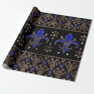 Luxuriöse Lapils Lazuli und goldene Fleur-de-lis- Geschenkpapier