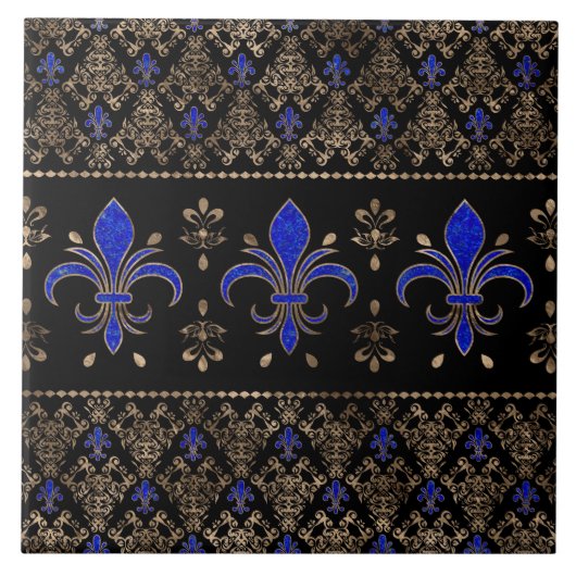 Luxuriöse Lapils Lazuli und goldene Fleur-de-lis-O Fliese (Vorderseite)