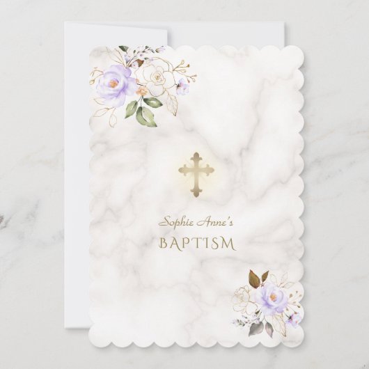 Luxuriöse leichte Lila Gold Blume Marmortaufe Einladung (Rückseite)