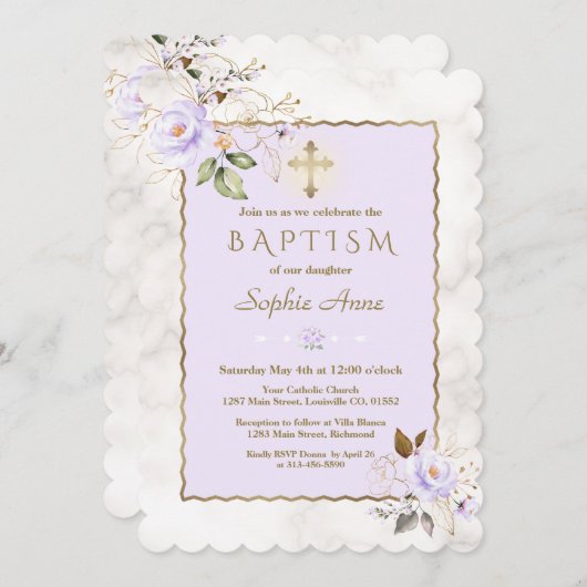 Luxuriöse leichte Lila Gold Blume Marmortaufe Einladung (Vorne/Hinten)