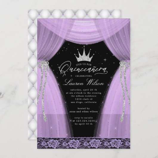 luxuriöse lila Prinzessin funkeln Quinceanera Einladung (Vorne/Hinten)