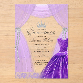 Luxuriöse Lila Prinzessin Sparkle Quinceanera Acryleinladungen