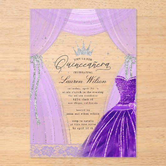 Luxuriöse Lila Prinzessin Sparkle Quinceanera Acryleinladungen (Vorderseite)