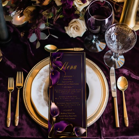 Luxuriöse Lila und Gold Calla Lily Wedding Menükarte