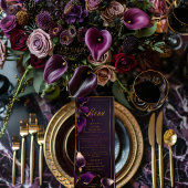 Luxuriöse Lila und Gold Calla Lily Wedding Menükarte