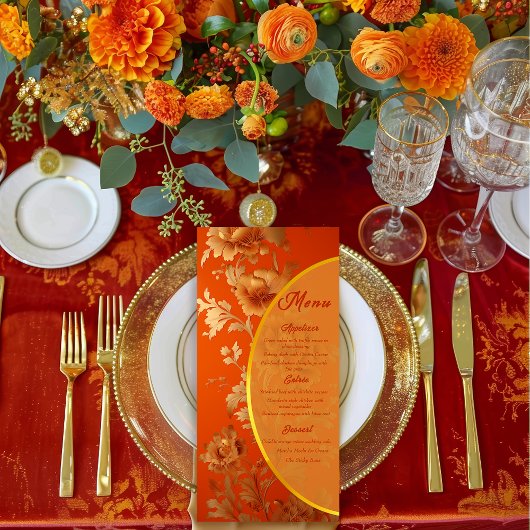 Luxuriöse Mandarin Orange & Gold Floral Wedding Menükarte