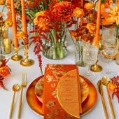 Luxuriöse Mandarin Orange & Gold Floral Wedding Menükarte