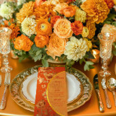 Luxuriöse Mandarin Orange & Gold Floral Wedding Menükarte
