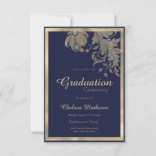 Luxuriöse Marineblau Glitzer Blume Abschluss Einladung (Vorderseite)