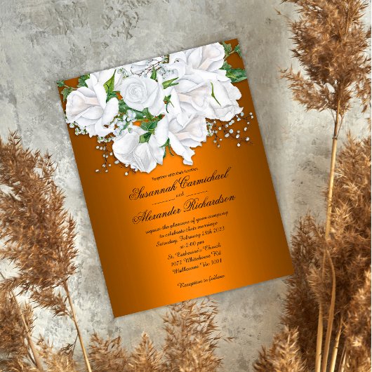 Luxuriöse Metallic Orange und White Roses Wedding Postkarte
