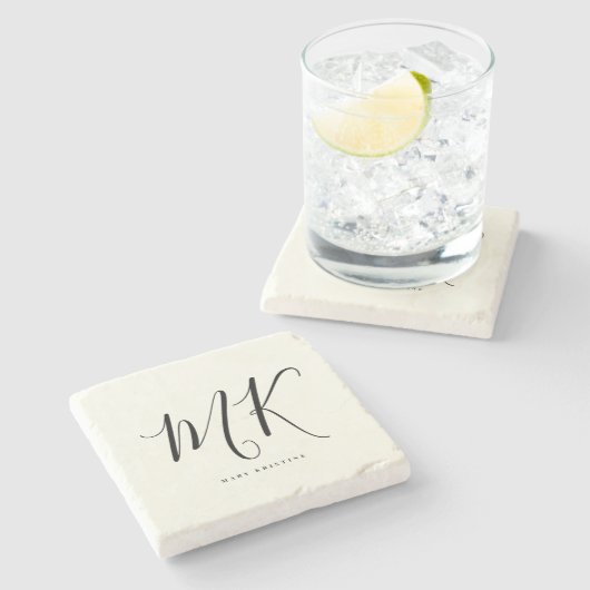 Luxuriöse Minimal Monogram Black Ivory Chic Stilvo Steinuntersetzer (Seitenansicht)