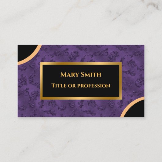 Luxuriöse moderne Gold Lila Damask Visitenkarte (Vorderseite)