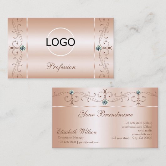 Luxuriöse Pastel Rose Coral Squiggled Jewels Logo  Visitenkarte (Vorne/Hinten)