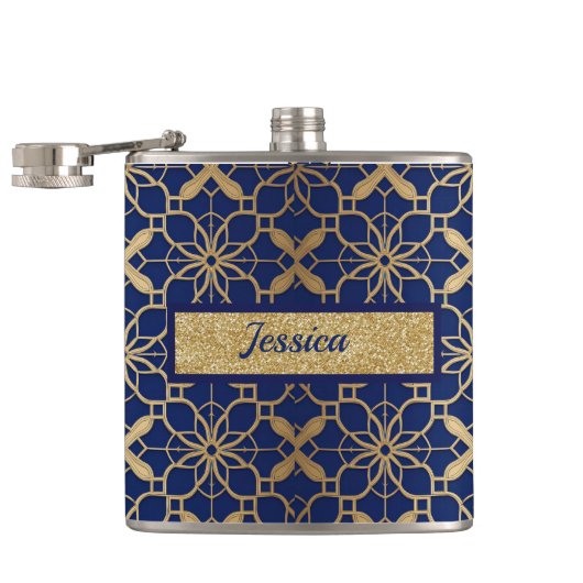 Luxuriöse personalisierte Navy- und Goldflasche fü Flachmann (Geöffnet)