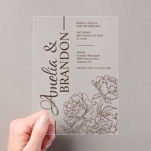 Luxuriöse Pfingstrose Minimalistische Hochzeit Acryleinladungen (Insitu (Handheld))