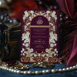 Luxuriöse Pflaumenbirgundy und Gold Islamische Hoc Einladung<br><div class="desc">Feiern Sie die Gewerkschaft von Tradition und Eleganz mit dieser luxuriösen Hochzeitsveranstaltung, die sich ideal für Paare eignet, die ihr Kulturerbe ehren und gleichzeitig ein anspruchsvolles Statement abgeben möchten. Die Vorderseite zeigt einen tiefen burgundischen Hintergrund, der wunderschön mit opulenten Motiven aus goldenen Blumen und Weinreben verglichen wird, die den Bogen...</div>