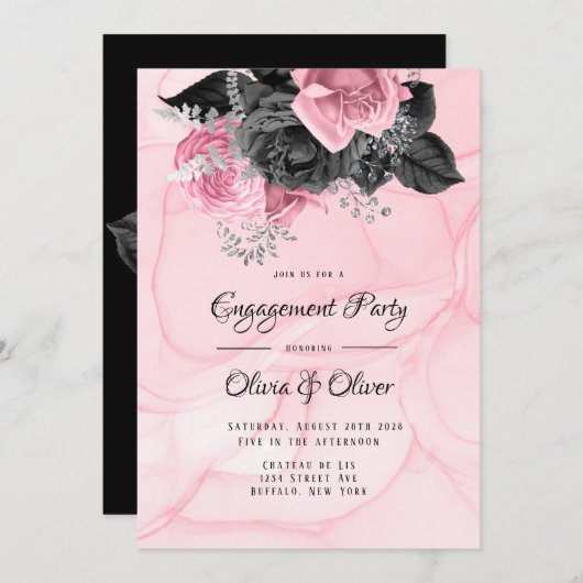 Luxuriöse Pink Black Floral Inking Engagement Part Einladung (Vorne/Hinten)