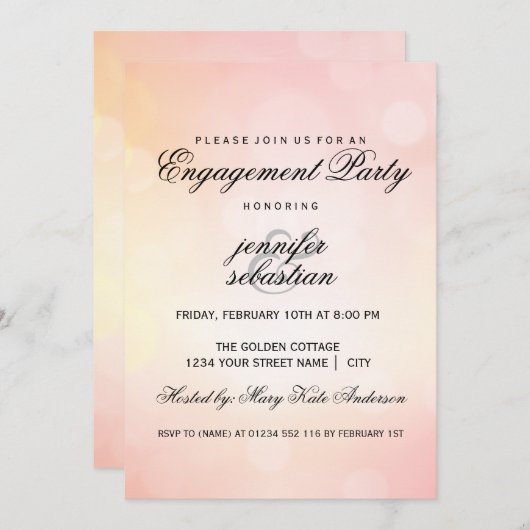 Luxuriöse Pink Bokeh Light Chic Engagement Party Einladung (Vorne/Hinten)