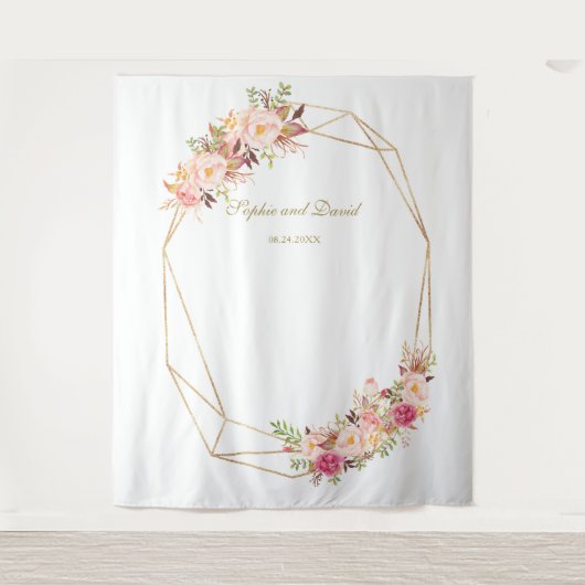 Luxuriöse Pink Floral Gold Hochzeitskabine Foto St Wandteppich (Vorderseite)