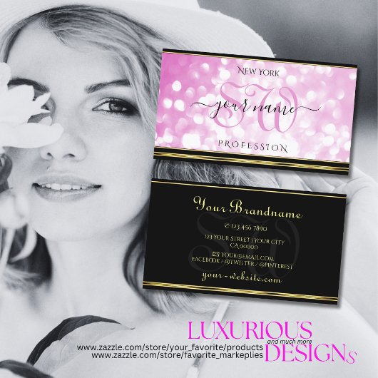 Luxuriöse Pink Glitzer Black Gold Border Initialen Visitenkarte
