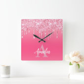 Luxuriöse Pink Glitzer Tropfen Fügen Sie Ihre eige Quadratische Wanduhr (Zuhause)