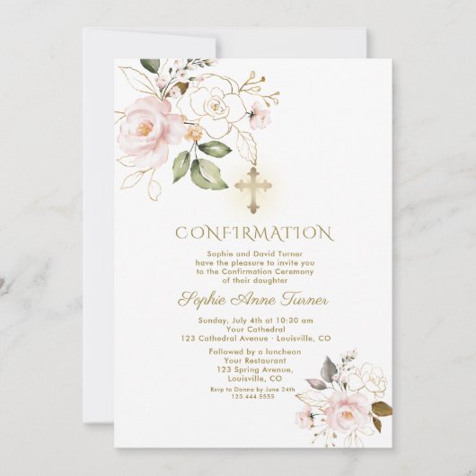 Luxuriöse Pink Gold Floral Girl Bestätigung Einladung (Vorderseite)