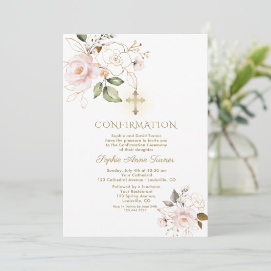 Luxuriöse Pink Gold Floral Girl Bestätigung Einladung (Stehend Vorderseite)