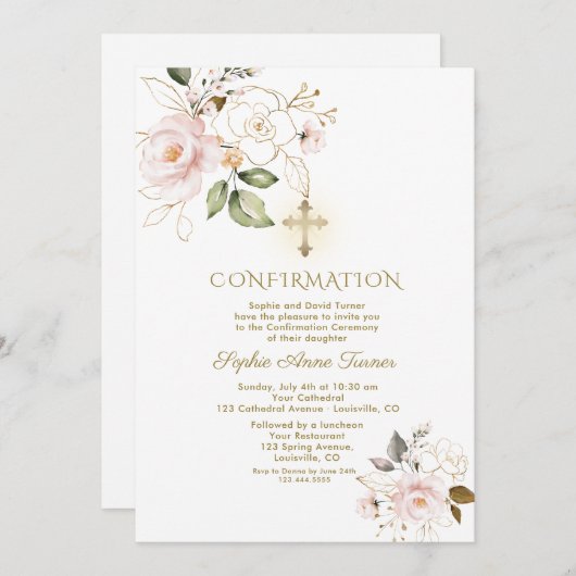 Luxuriöse Pink Gold Floral Girl Bestätigung Einladung (Vorne/Hinten)