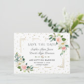 Luxuriöse Rosa Blume Gold Frame Confetti Wedding Save The Date (Stehend Vorderseite)