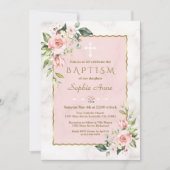 Luxuriöse rosa Blume Gold Marmor Taufe Einladung (Vorderseite)