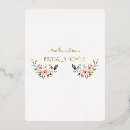 Luxuriöse rosa Blume Rose Gold Frame Brautparty Folieneinladung (Rückseite)