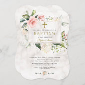 Luxuriöse rosa Blumenrahmen Marmor Gold Cross Tauf Einladung (Vorne/Hinten)