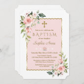 Luxuriöse Rosa Blush Blume Gold Cross Taufe Einladung (Vorne/Hinten)