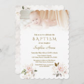 Luxuriöse Rosa Blush Gold Blume Foto Taufe Einladung (Vorne/Hinten)