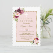 Luxuriöse rosa Burgund Saffron Blume Gold Taufe Einladung (Stehend Vorderseite)