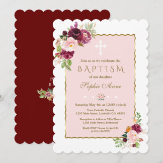 Luxuriöse rosa Burgund Saffron Blume Gold Taufe Einladung