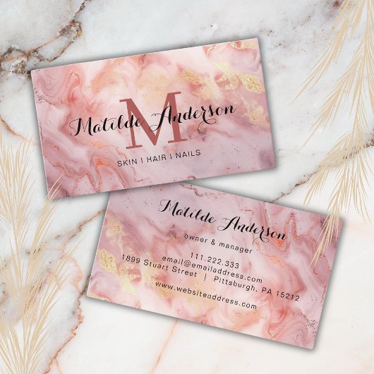 Luxuriöse rosa Gold Marmor Agate Monogram Modern Visitenkarte