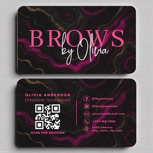 Luxuriöse rosa schwarze Marmorbraun QR-Code Visitenkarte