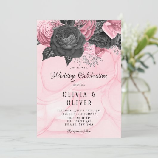 Luxuriöse Rosa und Schwarz-Floral Inking Hochzeit Einladung (Stehend Vorderseite)