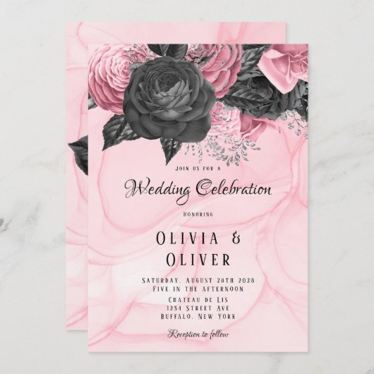 Luxuriöse Rosa und Schwarz-Floral Inking Hochzeit Einladung (Vorne/Hinten)
