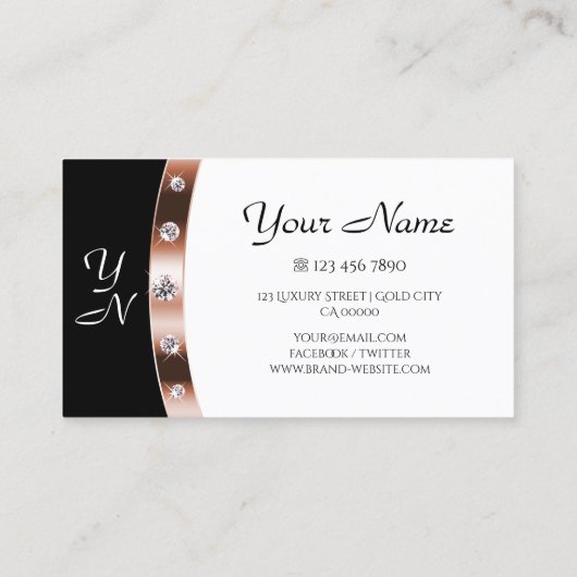 Luxuriöse Rose Gold Black and White Initials Diamo Visitenkarte (Rückseite)