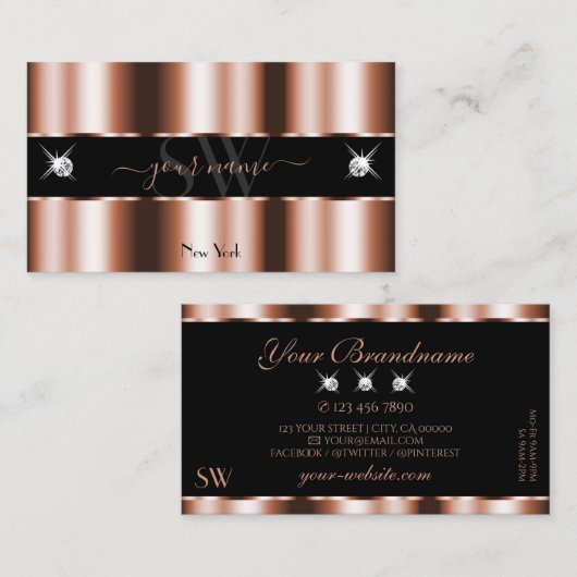 Luxuriöse Rose Gold Black Sparkle Jewels Initials Visitenkarte (Vorne/Hinten)