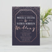 Luxuriöse Rose Gold Confetti Navy Blue Wedding Einladung (Stehend Vorderseite)