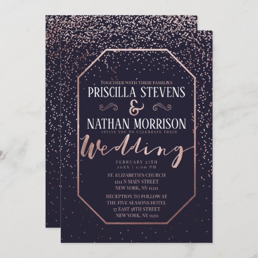 Luxuriöse Rose Gold Confetti Navy Blue Wedding Einladung (Vorne/Hinten)