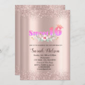 Luxuriöse Rose Gold Glitzer Aquarell Blume 16 Einladung (Vorne/Hinten)