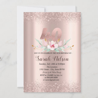 Luxuriöse Rose Gold Glitzer Aquarell Blume 40. Einladung