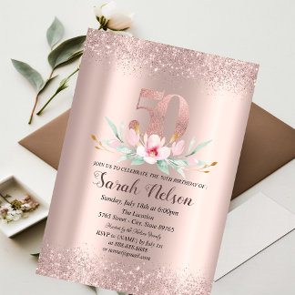 Luxuriöse Rose Gold Glitzer Aquarell Blume 50. Einladung