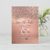 Luxuriöse Rose Gold Glitzer Confetti Metallic Wedd Save The Date (Stehend Vorderseite)